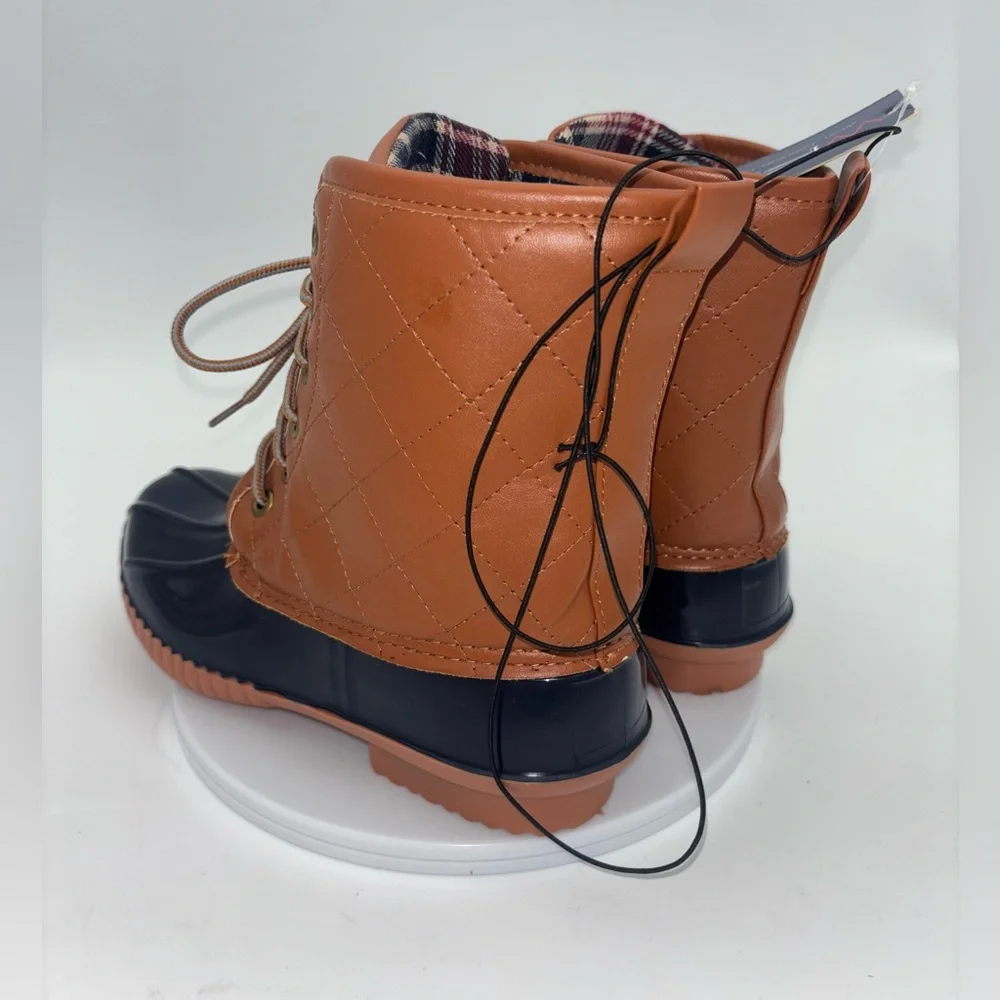 NEW Duck Boots Navy Blue Brown Youth Womens 5 Plaid Lace-Up Waterproof Fisherman